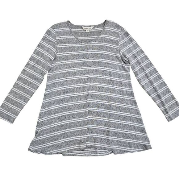 Coldwater Creek Hacci Top Women's Medium Petite Gray Knit Striped Crew Thermal L - Picture 1 of 6
